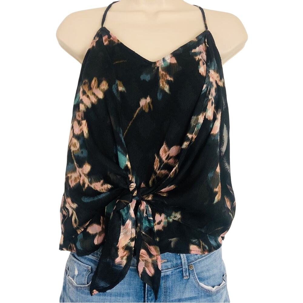 NWT Willow & Clay Black Floral Tank Top Front Tie Spaghetti Strap Lined - Picture 15 of 16